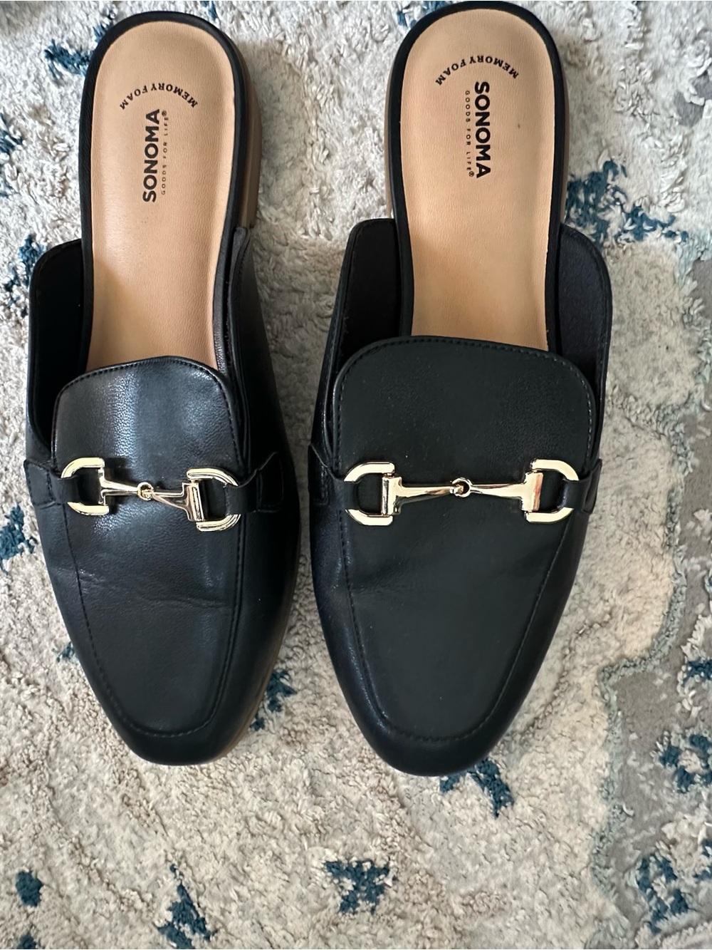 SONOMA Black Leather Mule Slides with Gold Horsebit